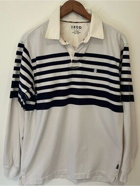 VTG Izod Rugby Polo Men’s M Striped Long Sleeve White Blue Preppy Y2K Logo